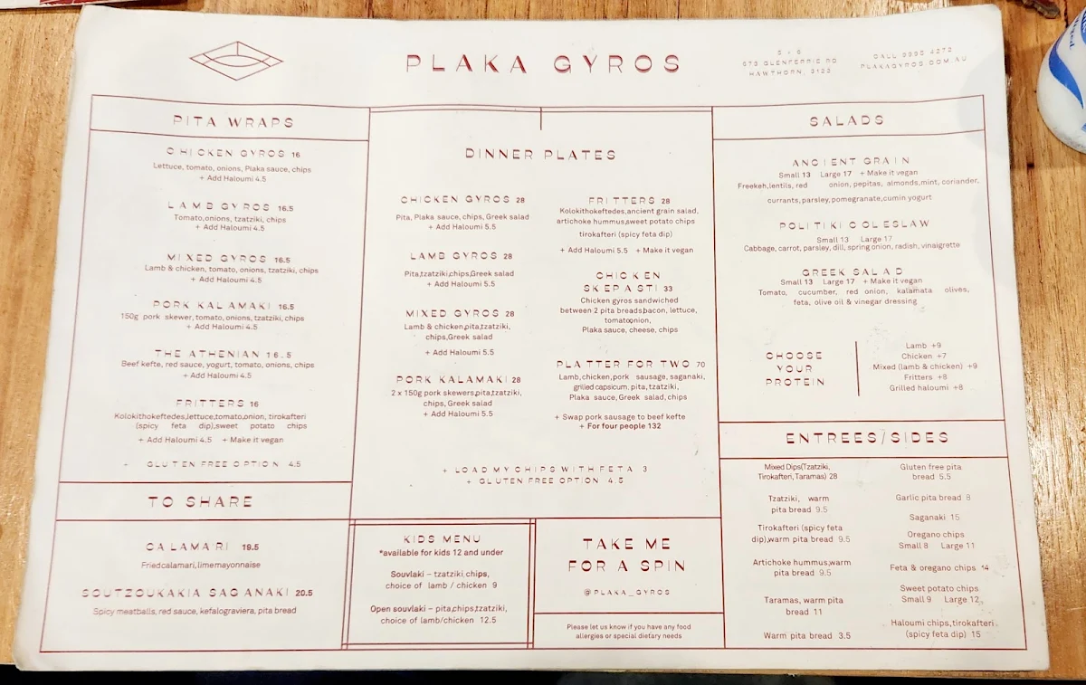 Menu, Plaka Gyros