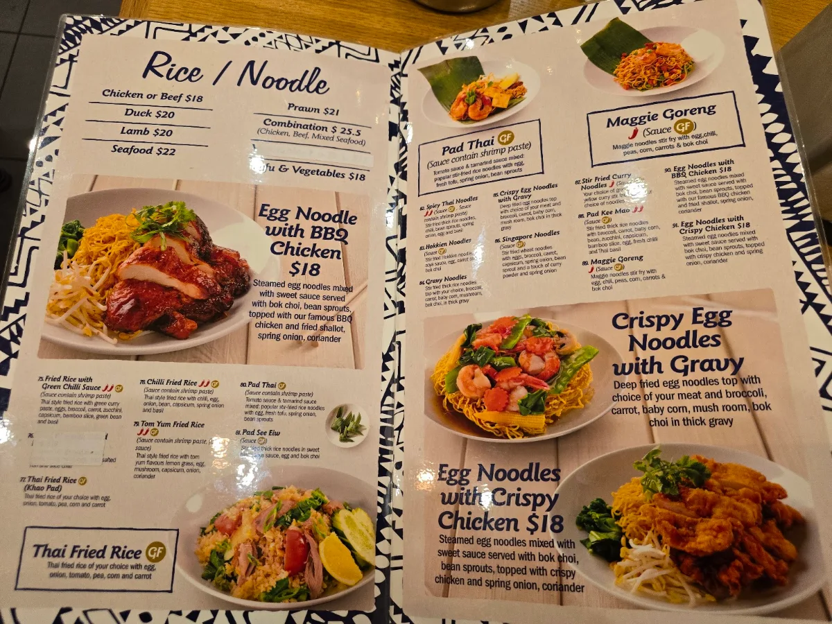 Menu, Taste of Thai Coburg