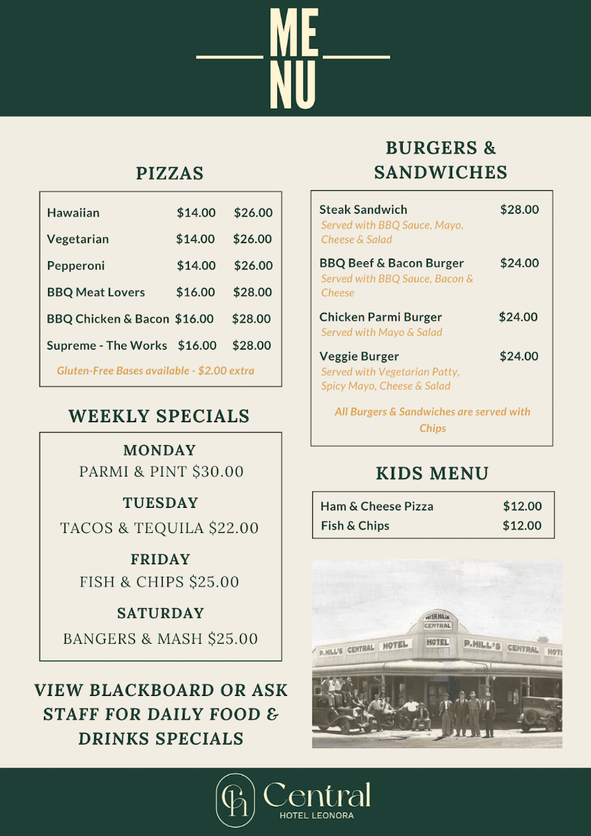 Menu, The Central Hotel