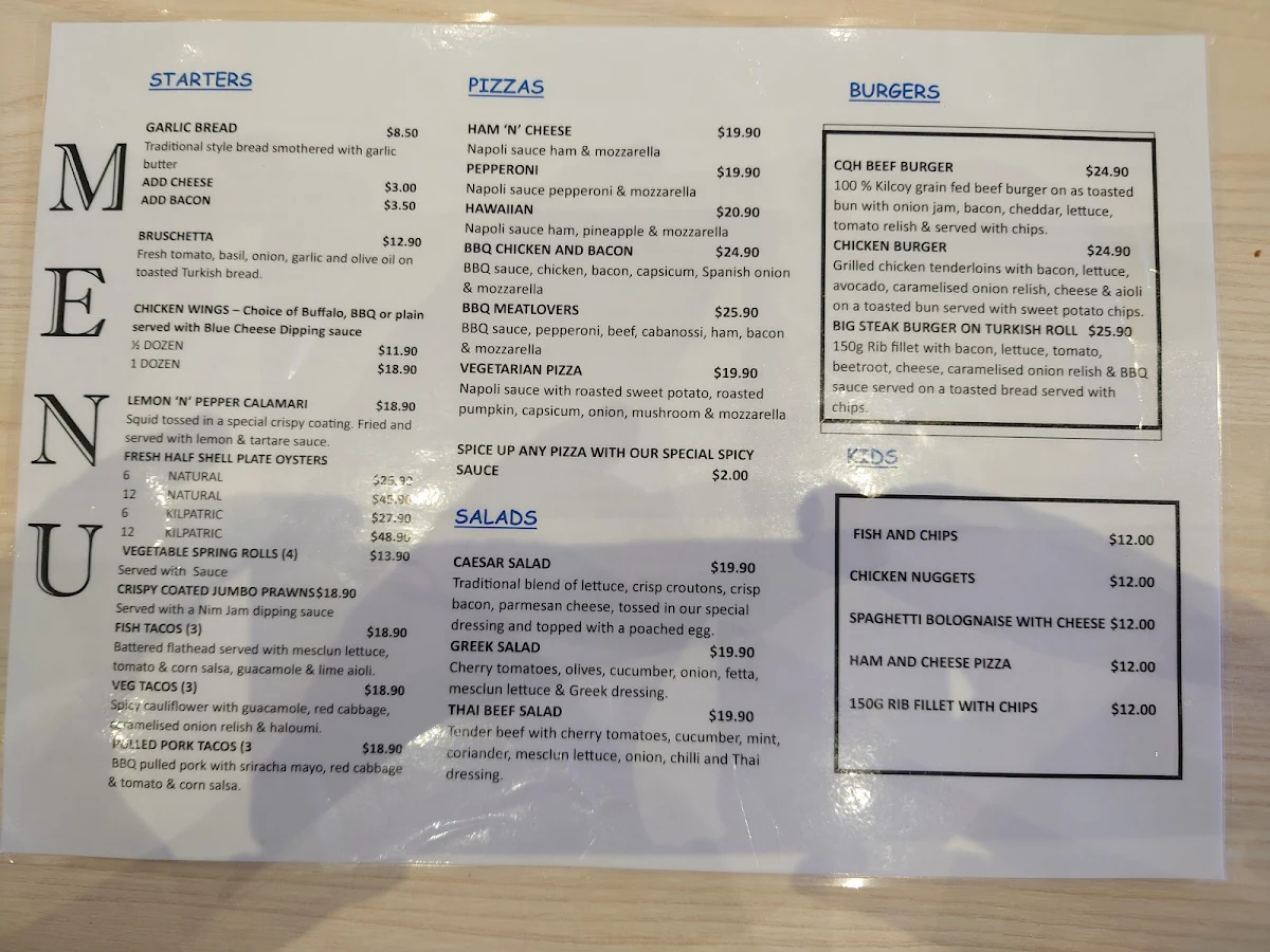 Menu, Blacks Beach Tavern