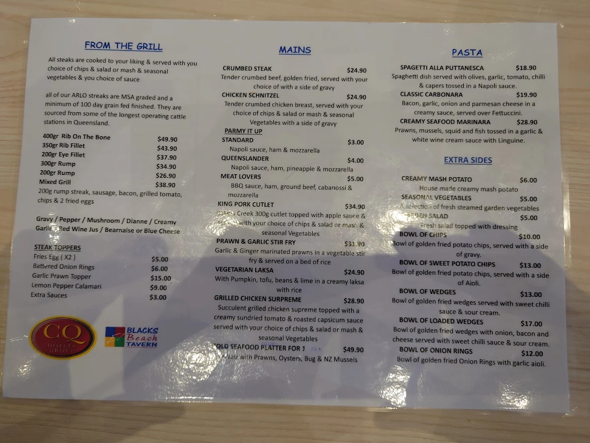 Menu, Blacks Beach Tavern
