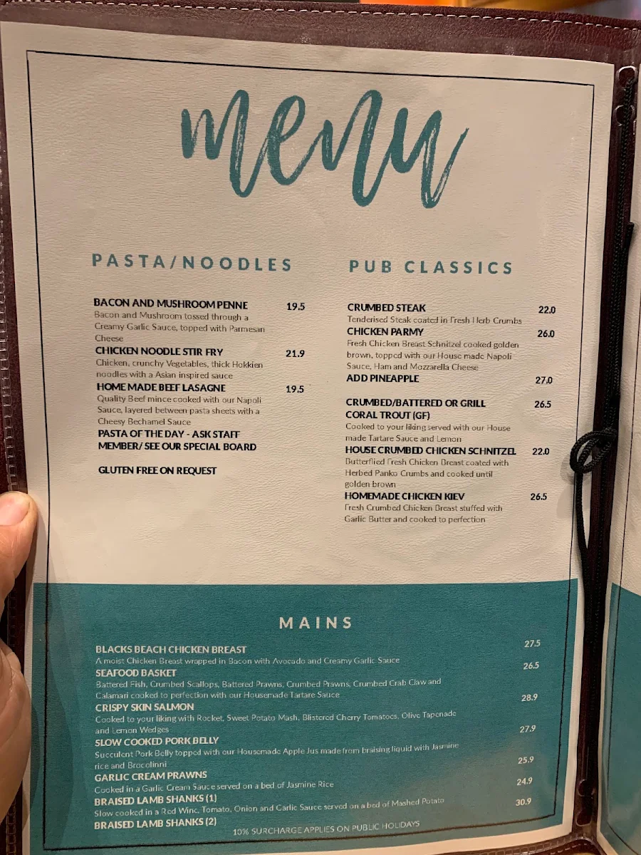 Menu, Blacks Beach Tavern