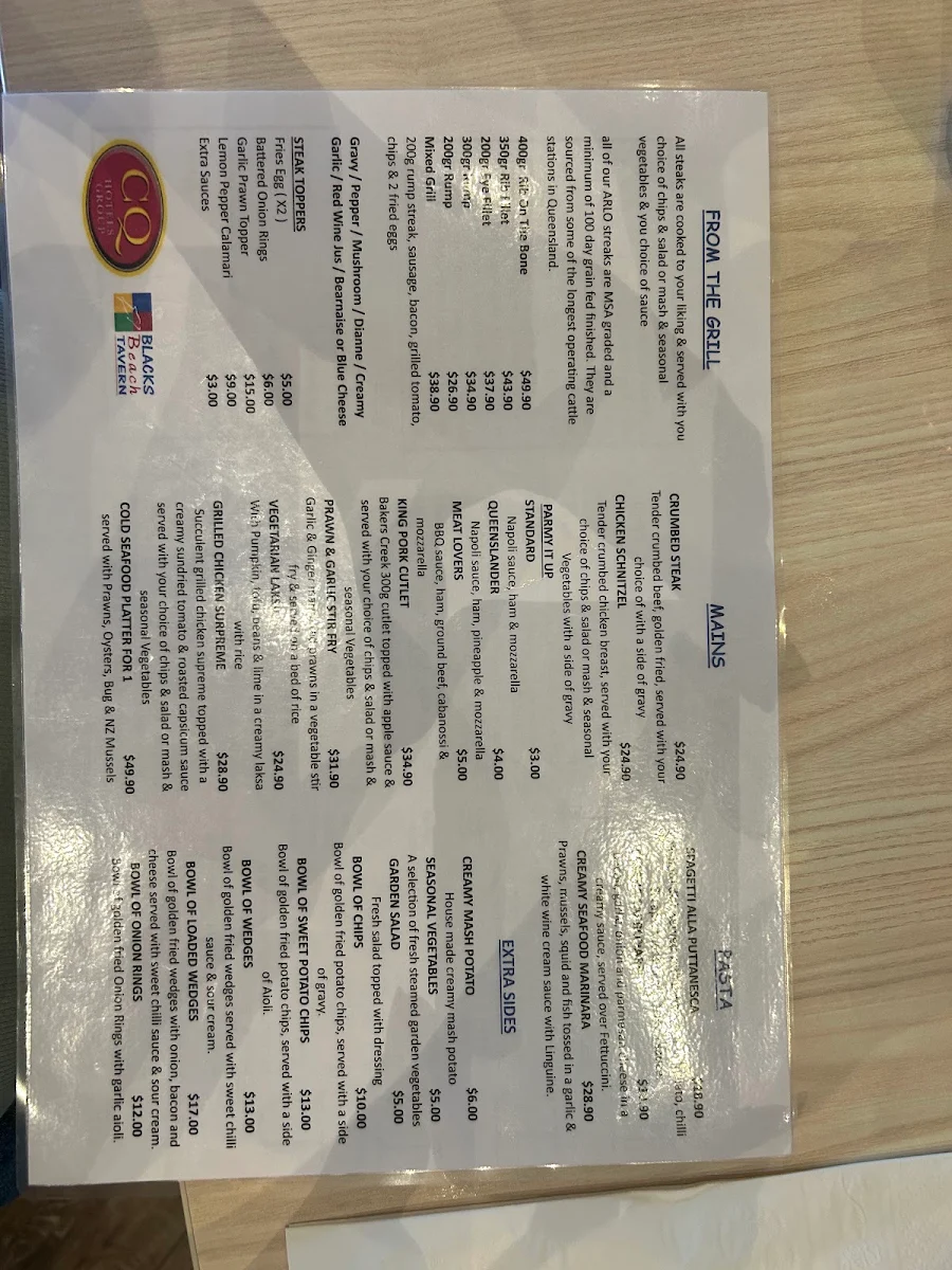 Menu, Blacks Beach Tavern
