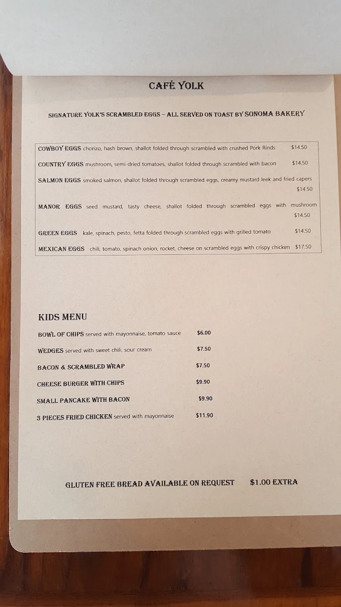 Menu, Cafe Yolk