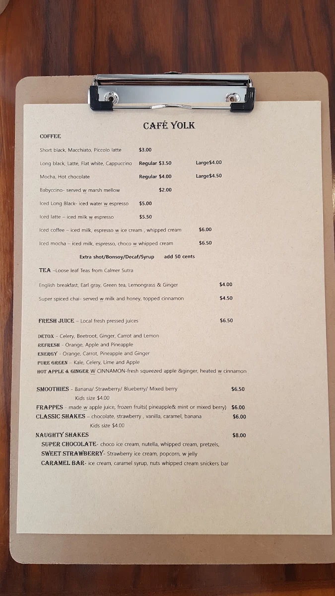 Menu, Cafe Yolk