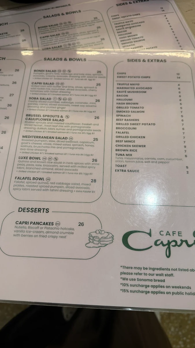Menu, Cafe Capri Bondi Junction
