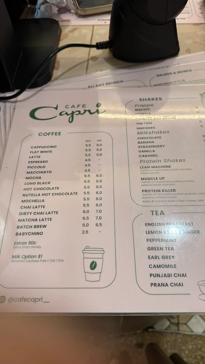 Menu, Cafe Capri Bondi Junction