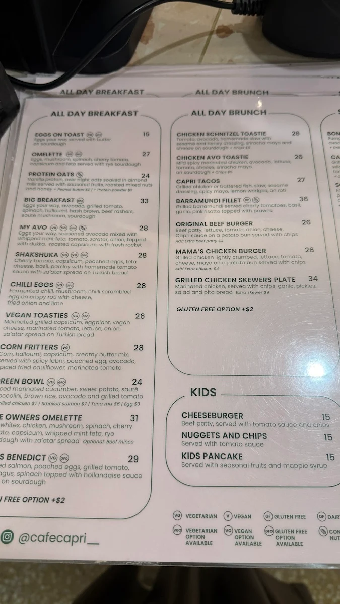 Menu, Cafe Capri Bondi Junction
