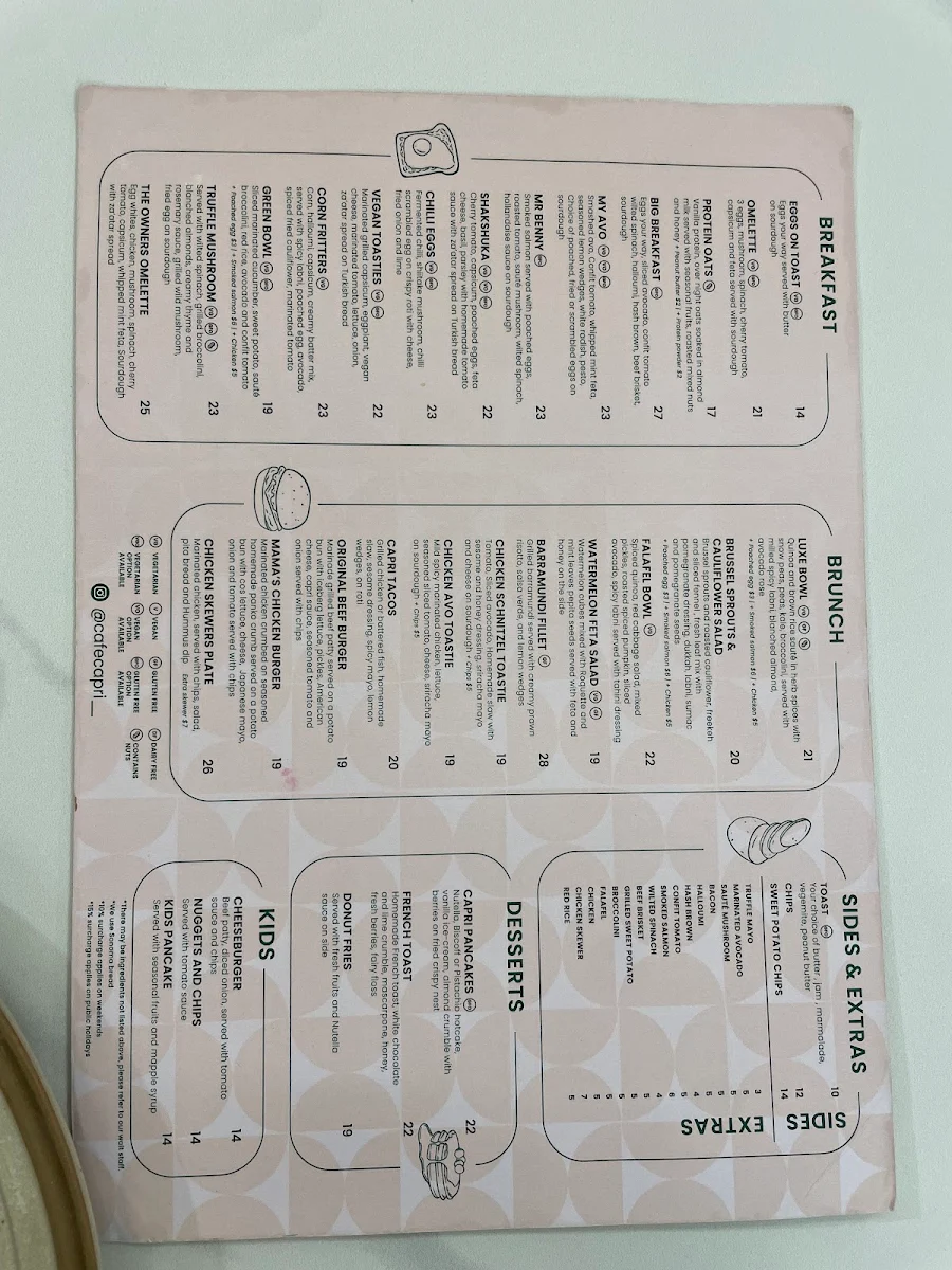 Menu, Cafe Capri Bondi Junction