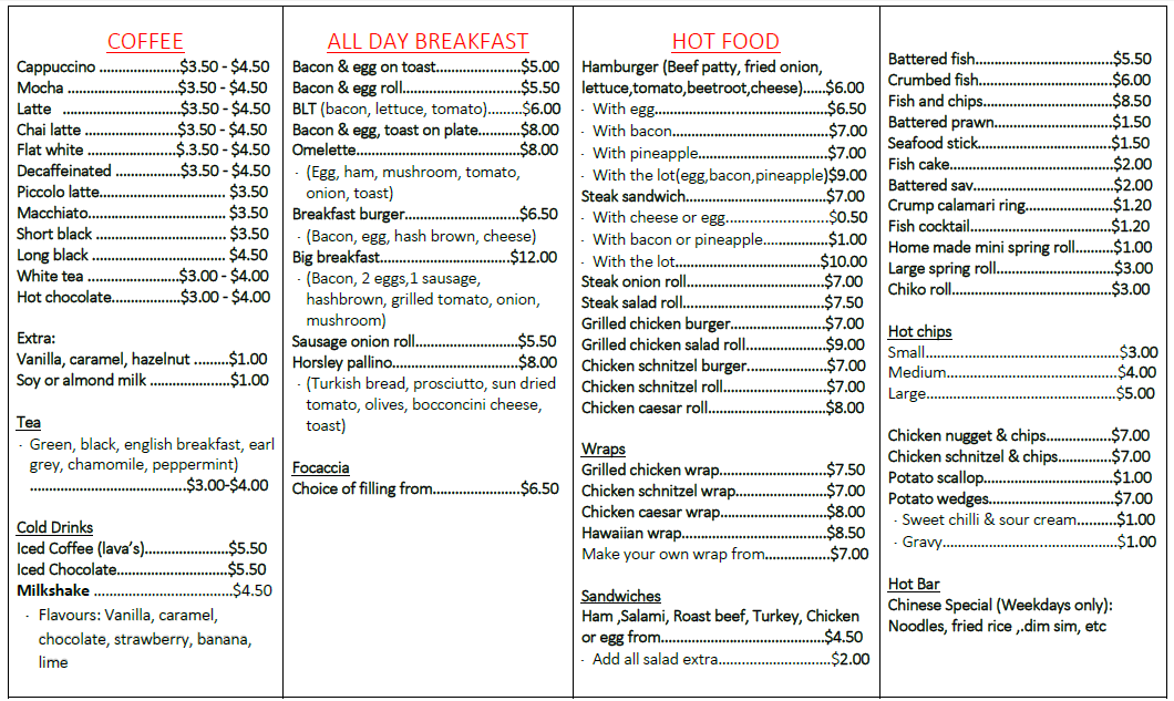 Menu, Horsley Park Deli Cafe