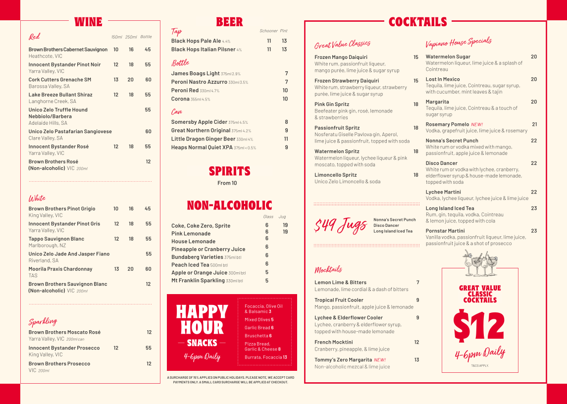 Menu, Vapiano Bourke Street Mall