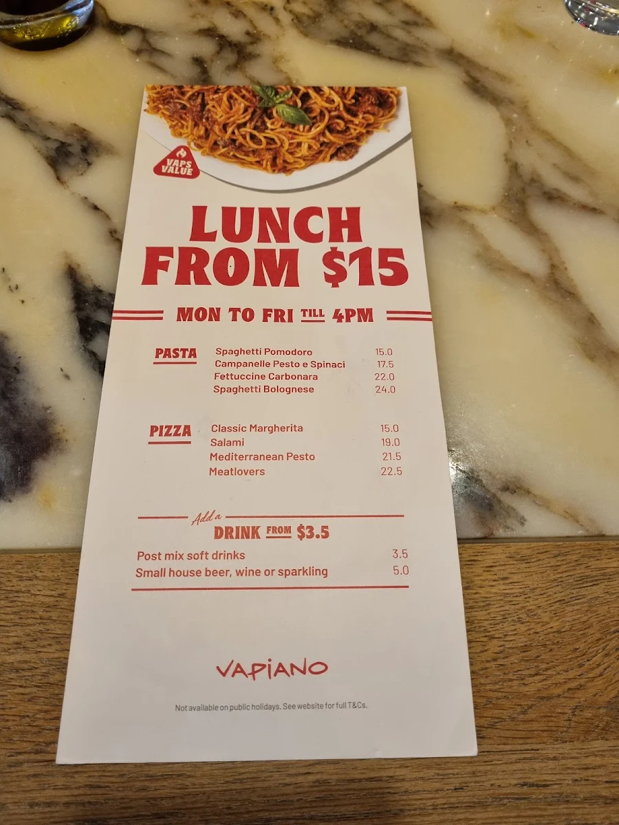 Menu, Vapiano Bourke Street Mall
