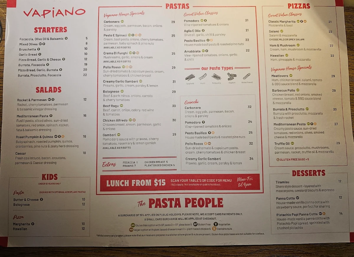 Menu, Vapiano Bourke Street Mall