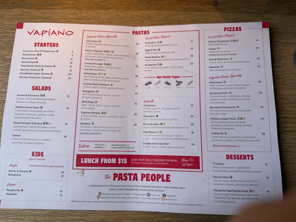Menu, Vapiano Bourke Street Mall