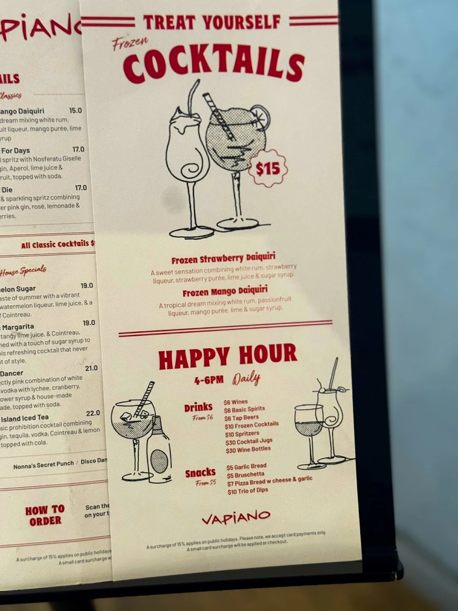 Menu, Vapiano Bourke Street Mall