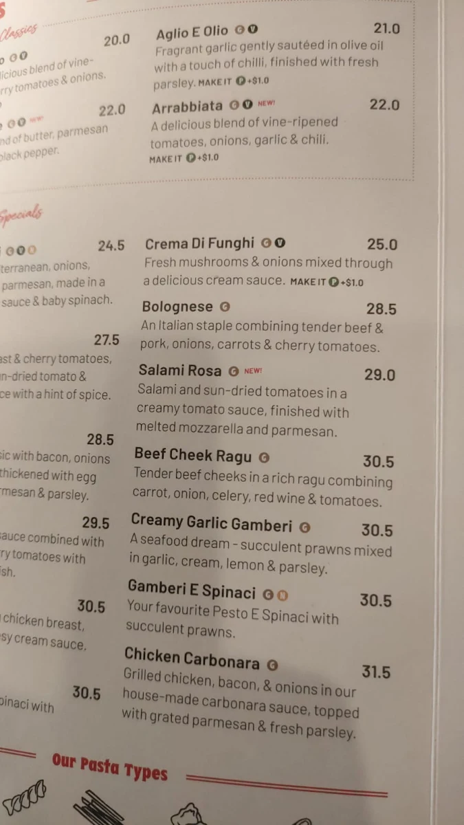 Menu, Vapiano Bourke Street Mall