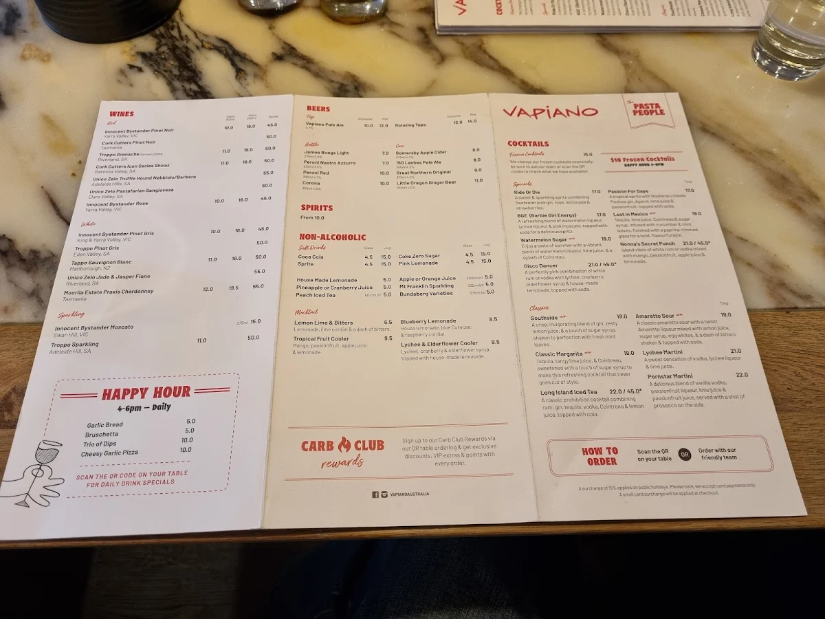 Menu, Vapiano Bourke Street Mall