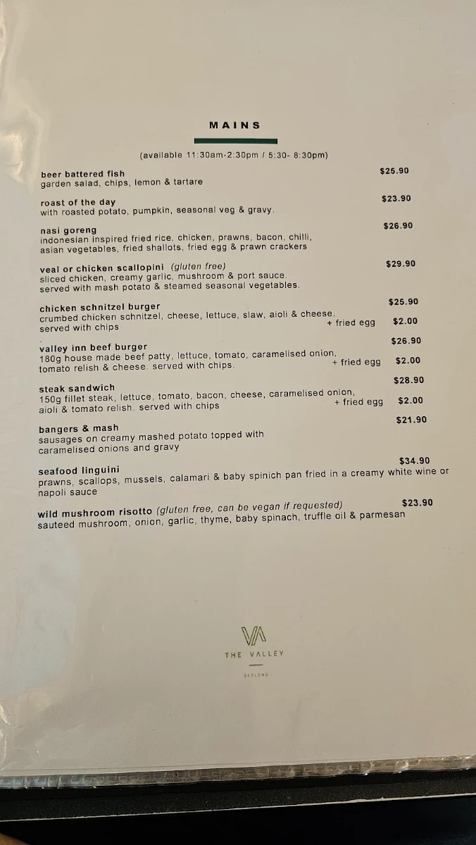 Menu, Valley Inn Hotel