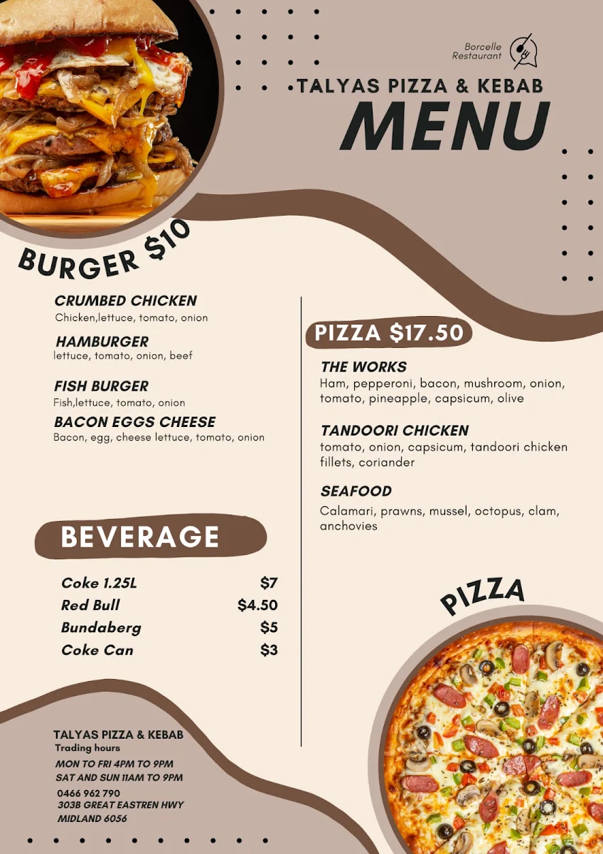 Menu, Talyas Pizza & Kebab