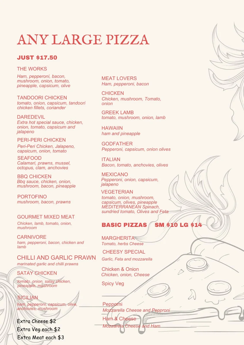 Menu, Talyas Pizza & Kebab