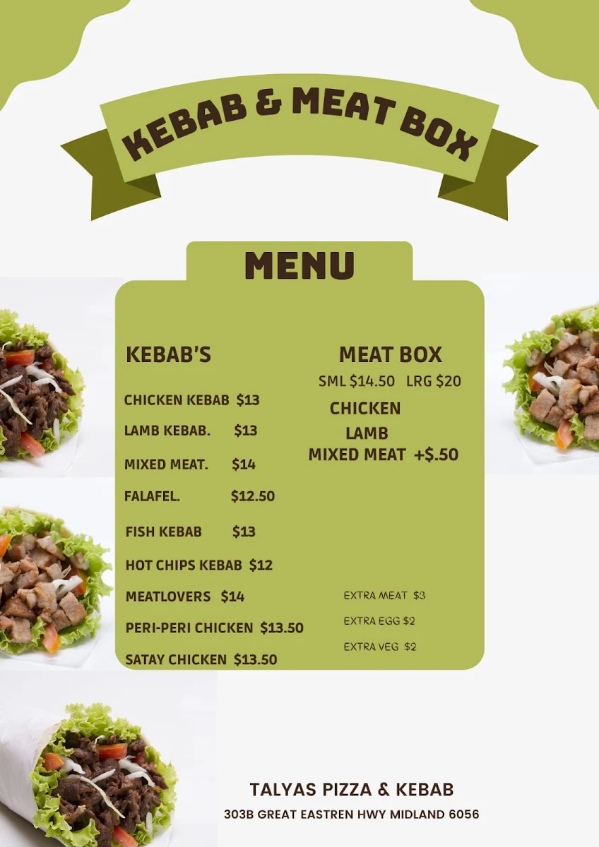 Menu, Talyas Pizza & Kebab
