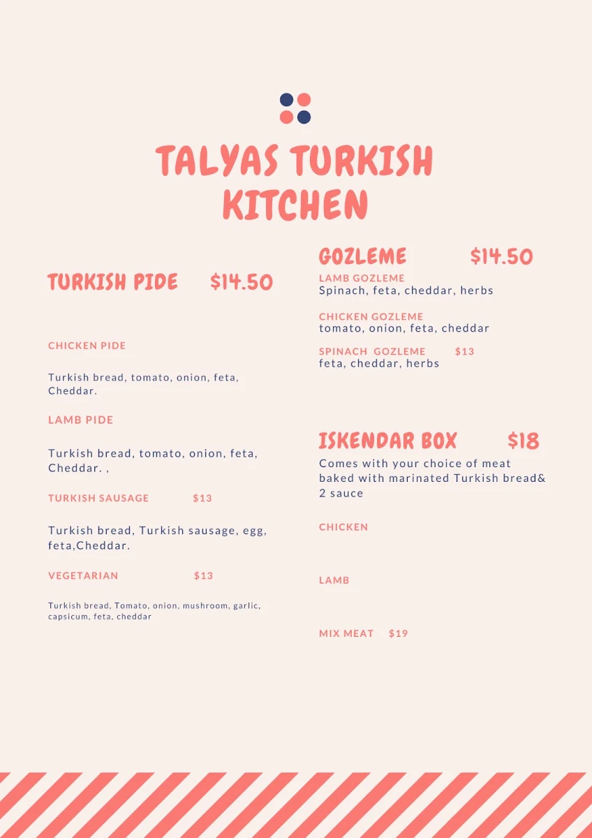Menu, Talyas Pizza & Kebab