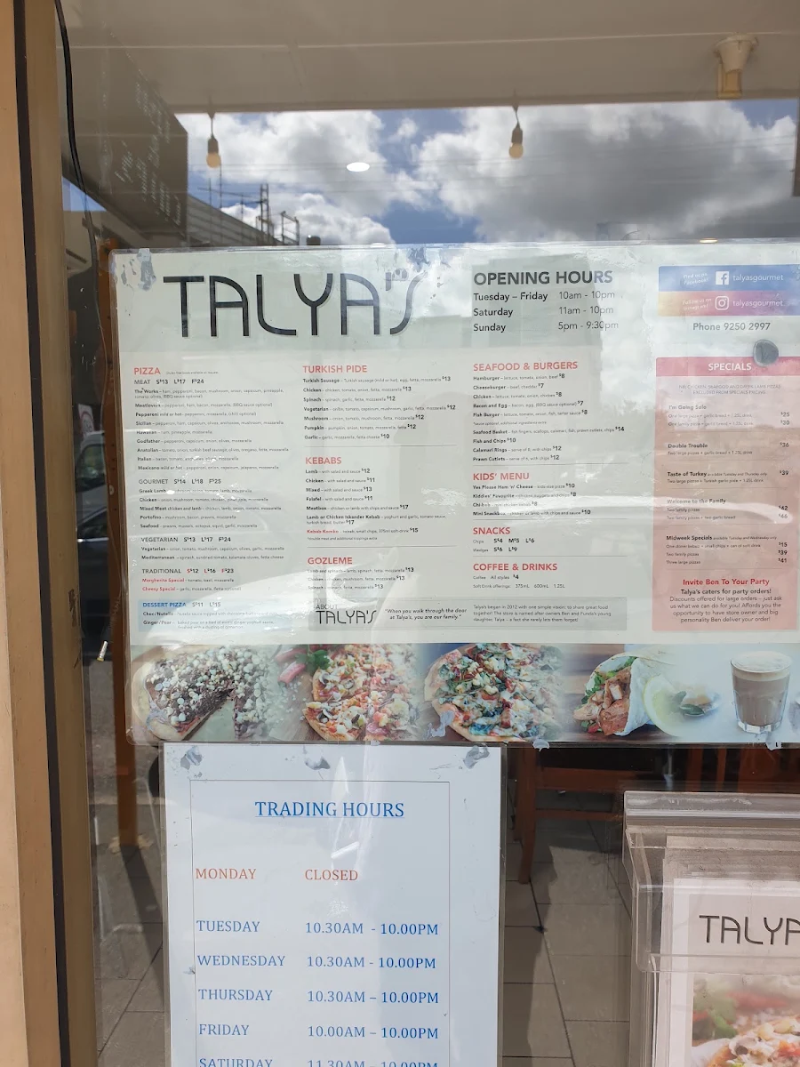 Menu, Talyas Pizza & Kebab