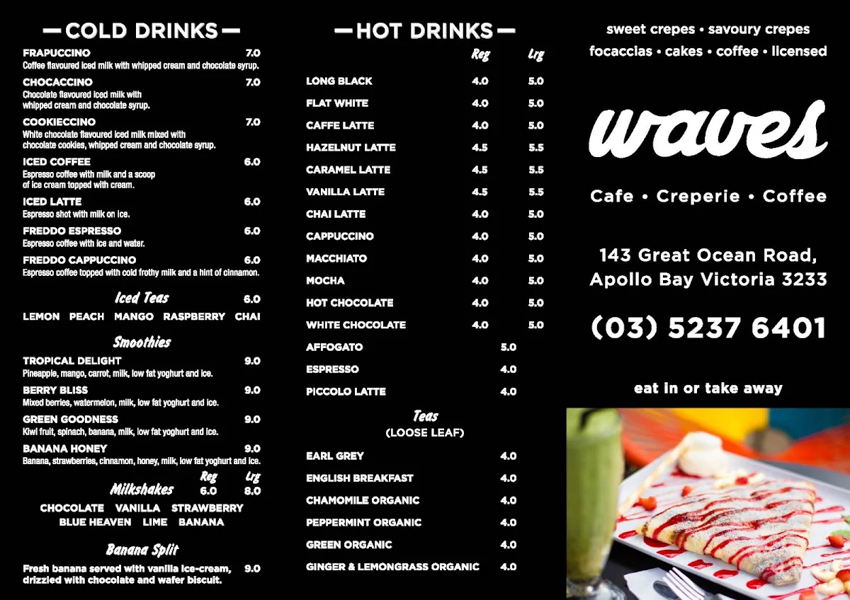 Menu, Waves Cafe