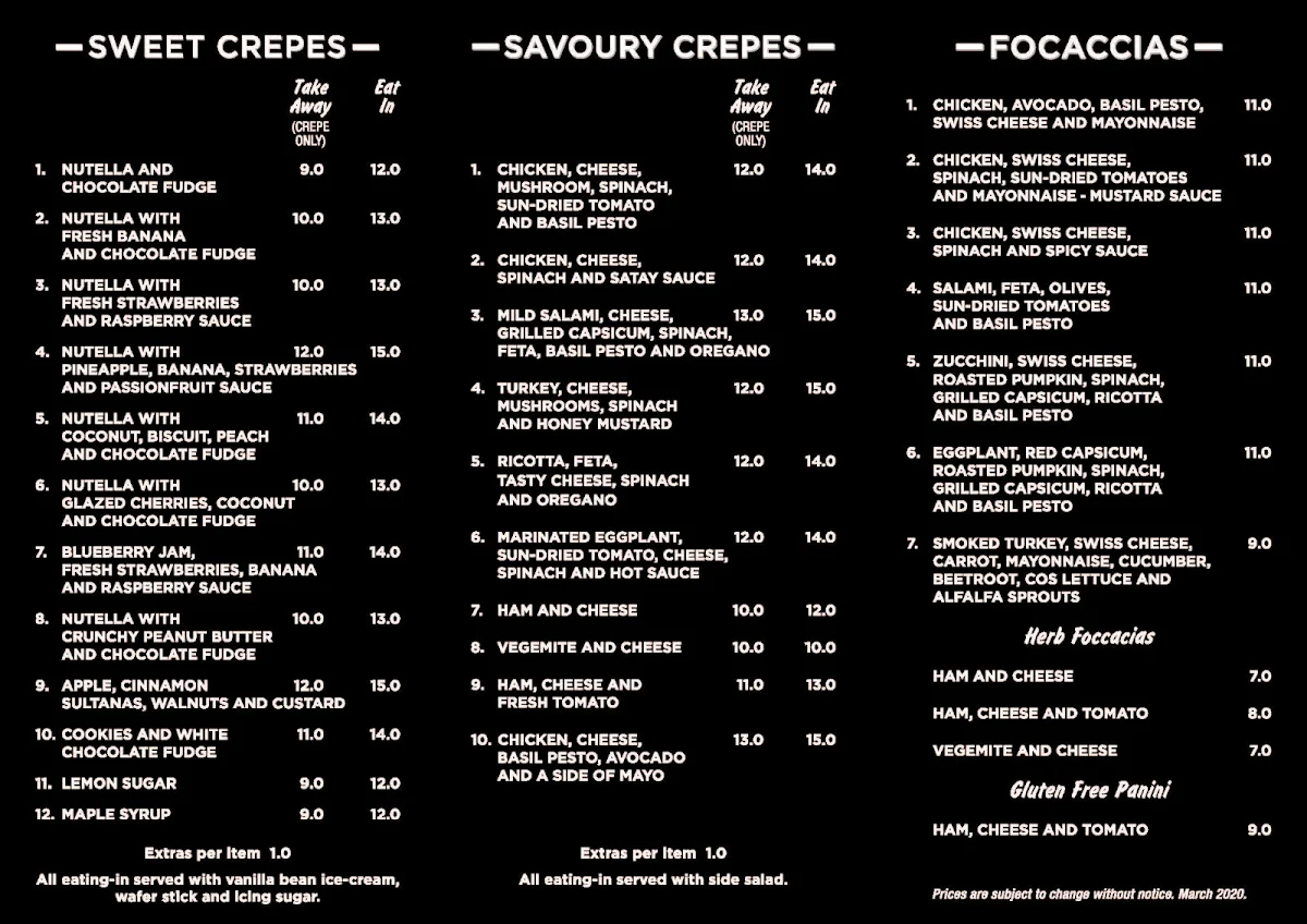 Menu, Waves Cafe