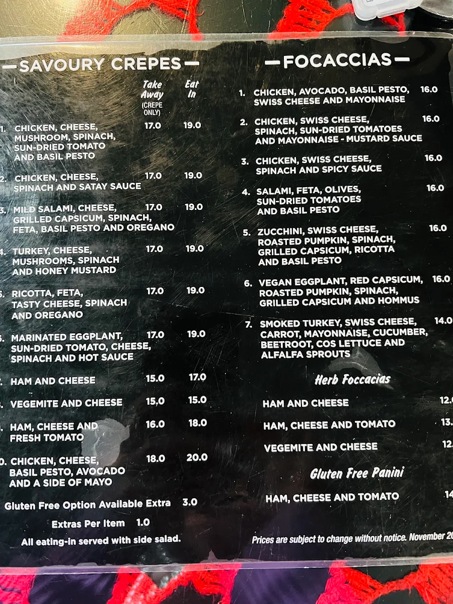 Menu, Waves Cafe