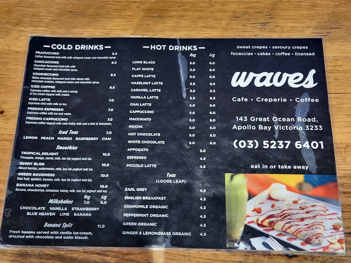 Menu, Waves Cafe