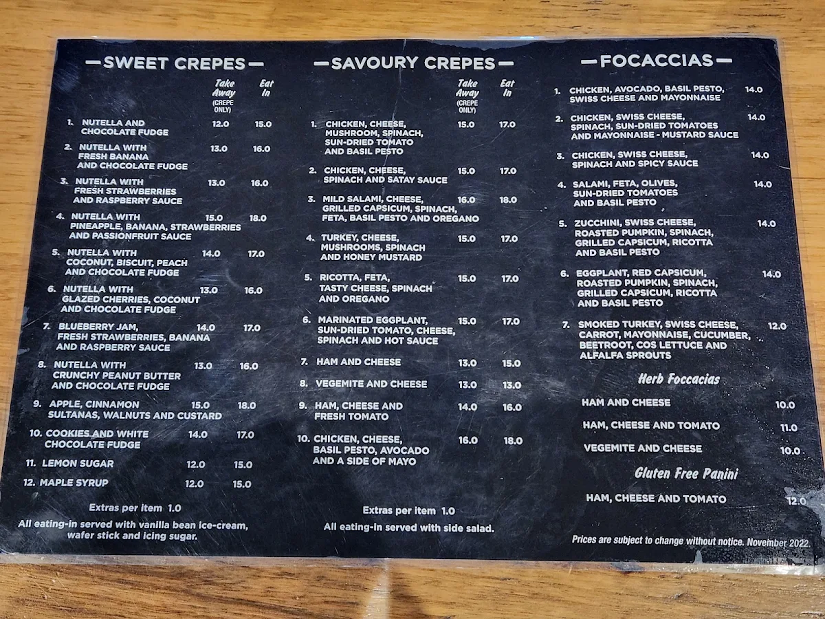 Menu, Waves Cafe