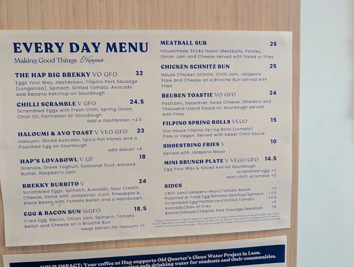 Menu, Hap Cafe