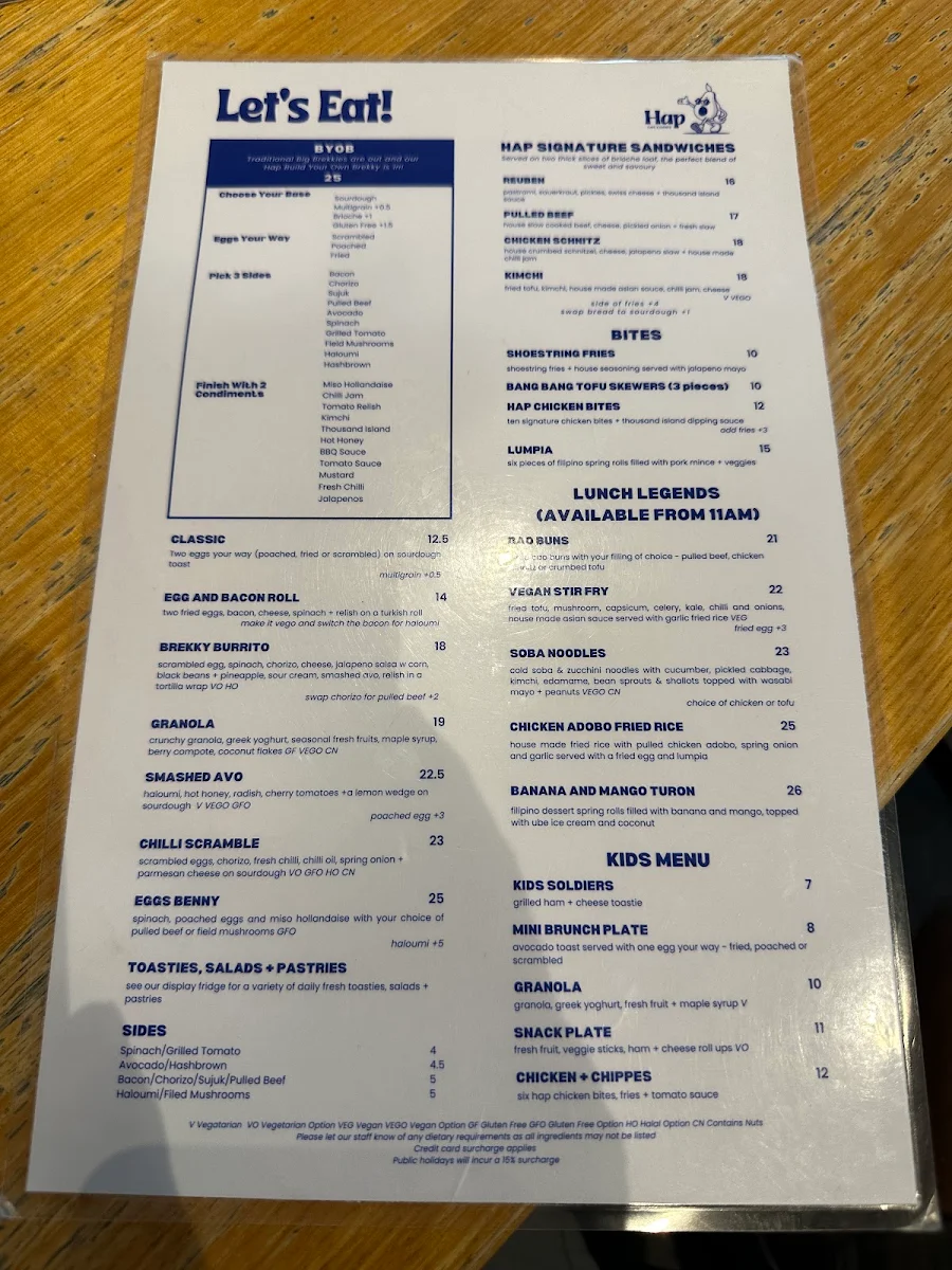 Menu, Hap Cafe