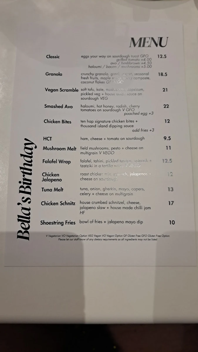 Menu, Hap Cafe