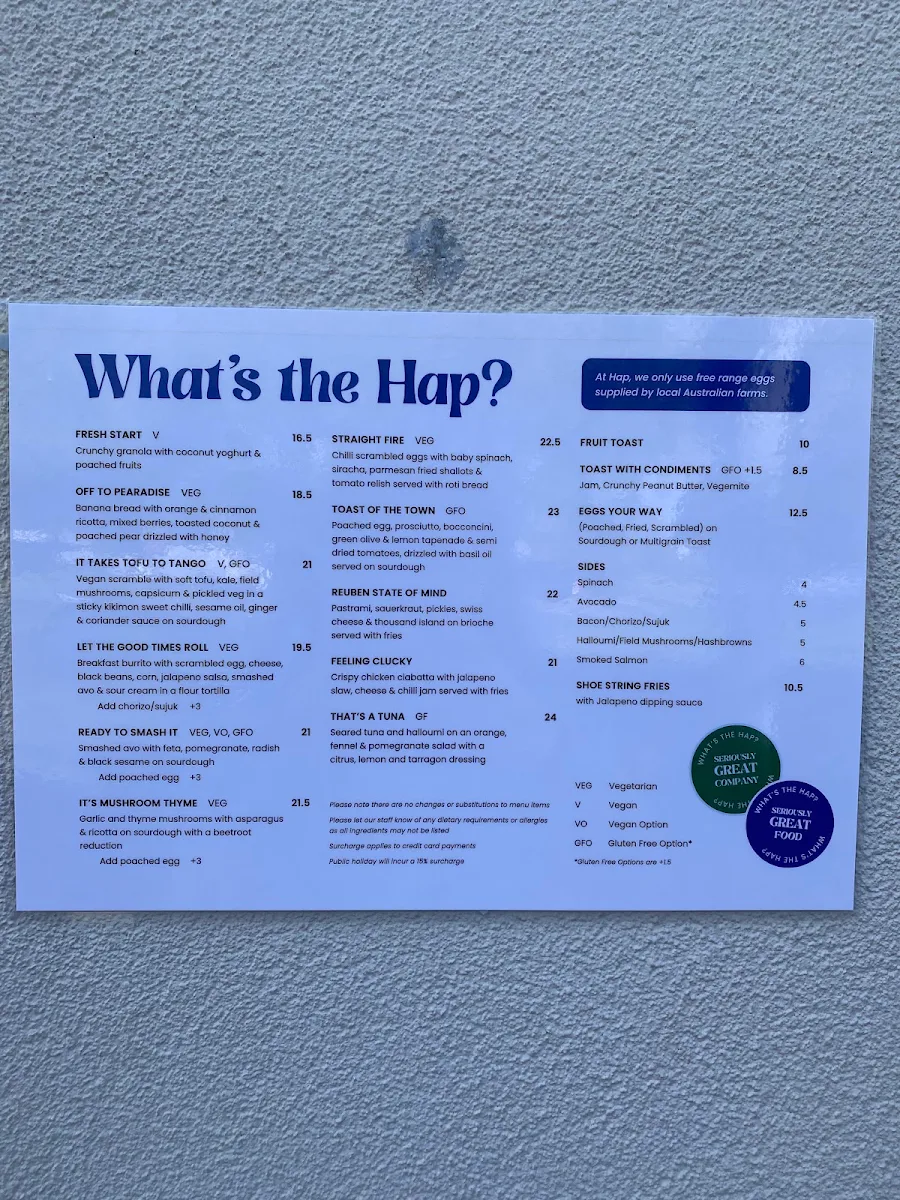 Menu, Hap Cafe
