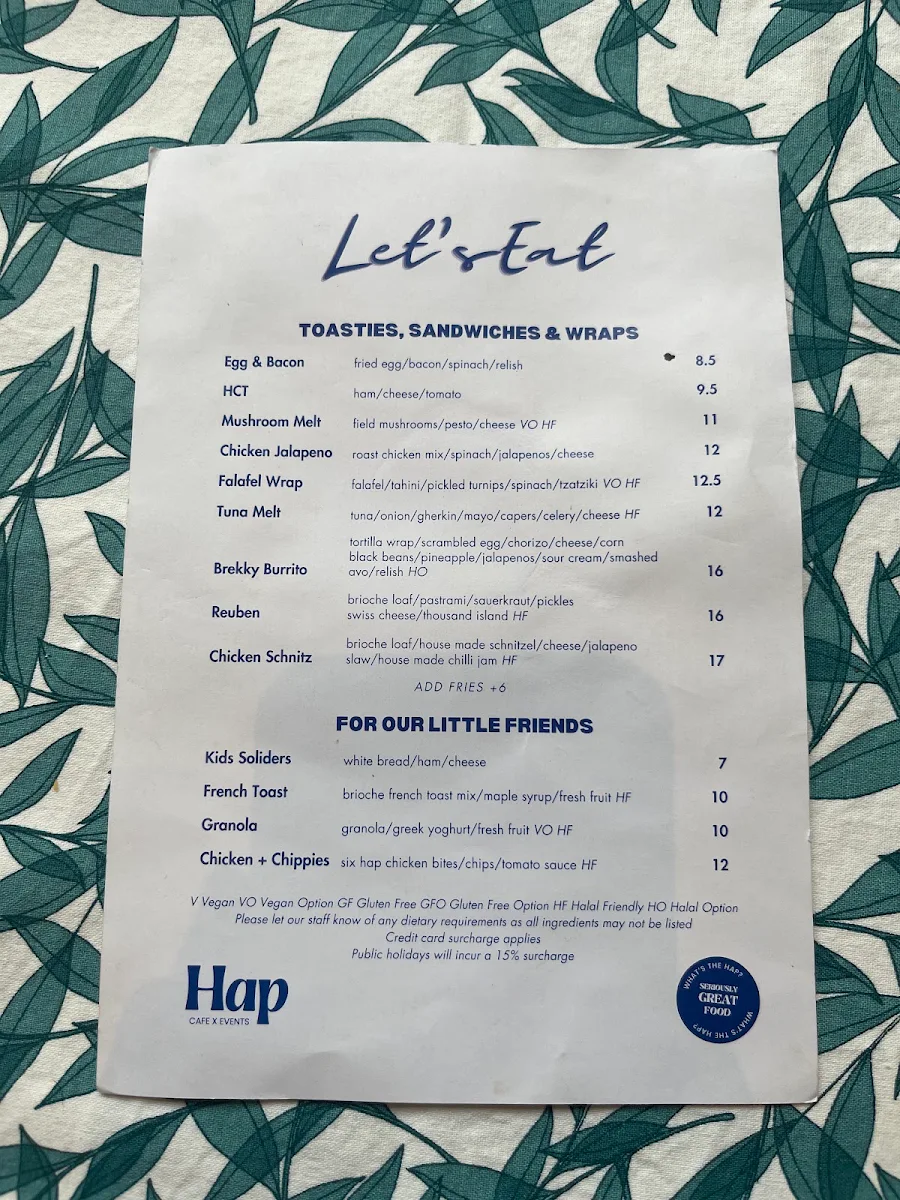 Menu, Hap Cafe