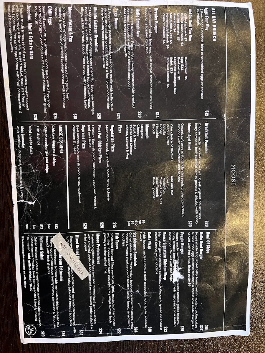 Menu, Hello Moose Cafe