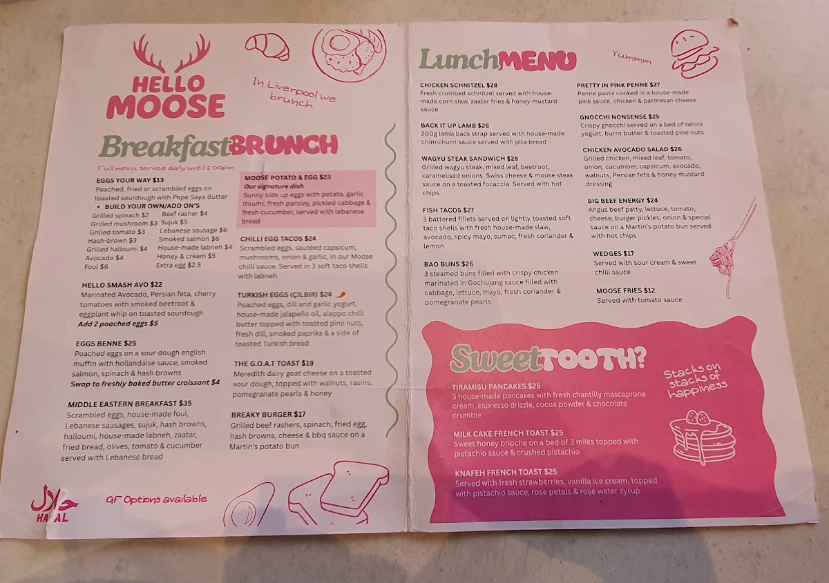 Menu, Hello Moose Cafe