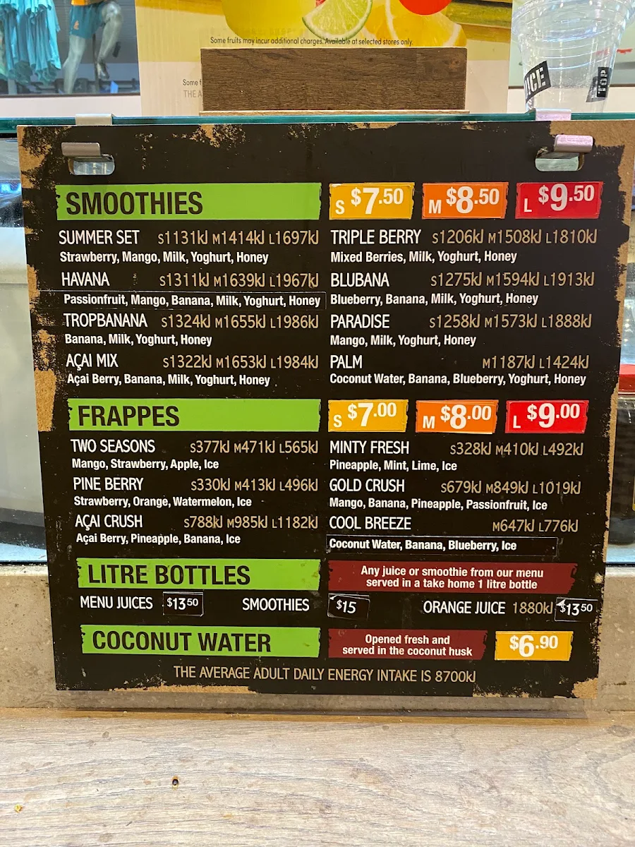 Menu, Top Juice QVB