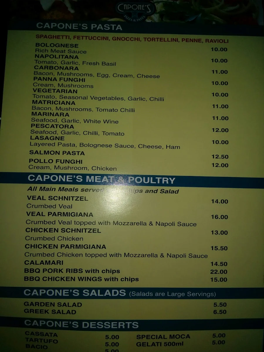 Menu, Capone's Pizza & Pasta Research