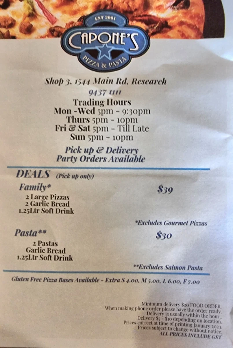 Menu, Capone's Pizza & Pasta Research