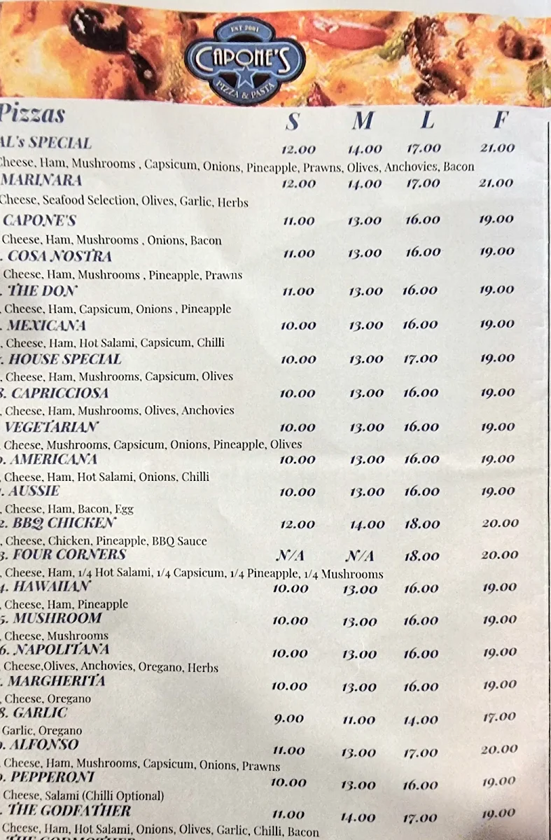 Menu, Capone's Pizza & Pasta Research