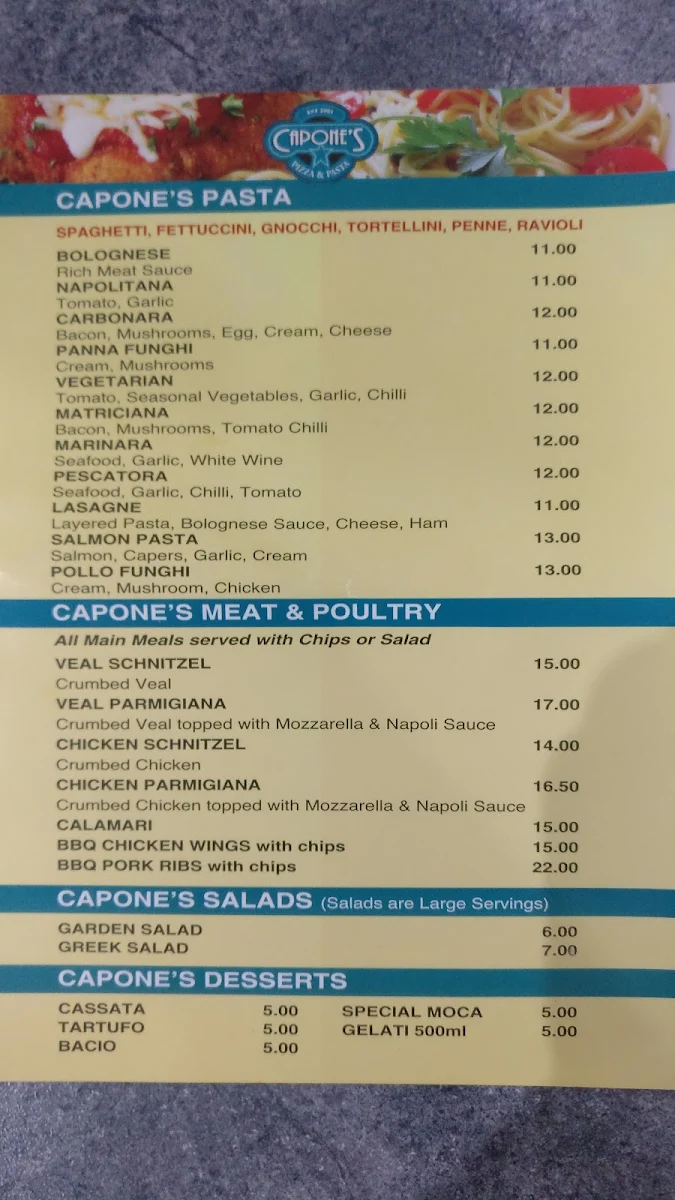 Menu, Capone's Pizza & Pasta Research