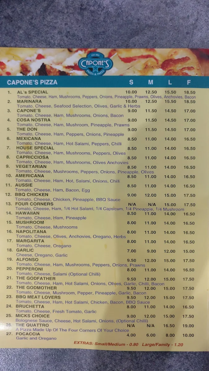 Menu, Capone's Pizza & Pasta Research