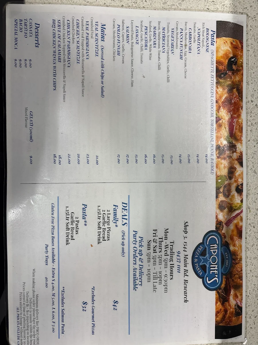 Menu, Capone's Pizza & Pasta Research