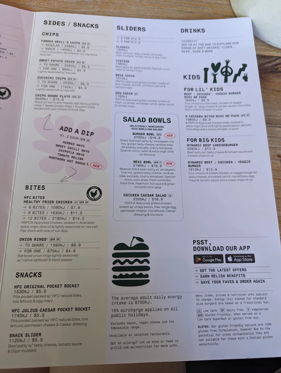 Menu, Grill'd Burgers - Wagga Wagga