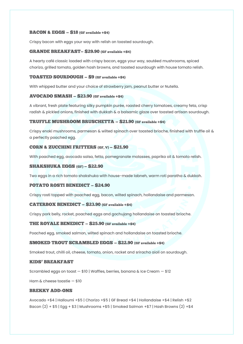 Menu, Caterbox Cafe