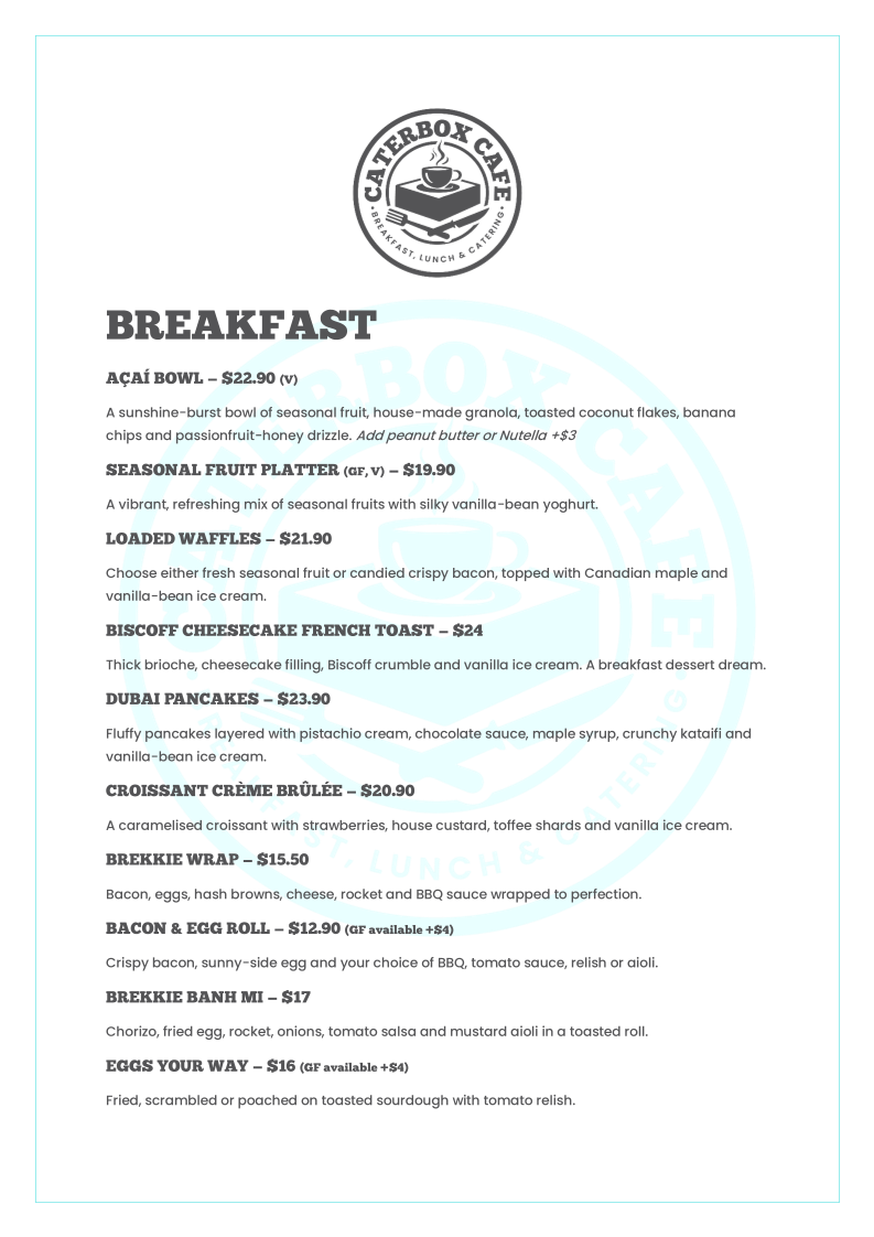 Menu, Caterbox Cafe