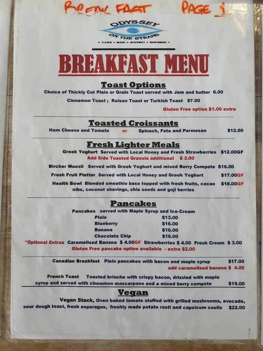 Menu, Odyssey on the Strand